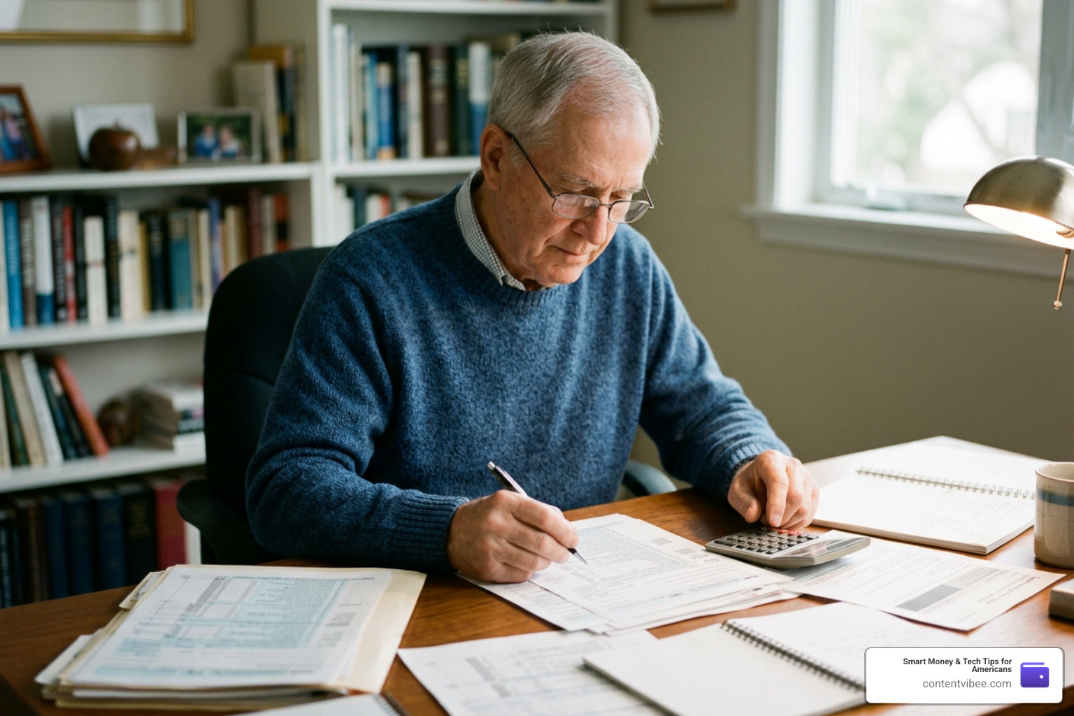 Senior reviewing tax and financial documents with a calculator