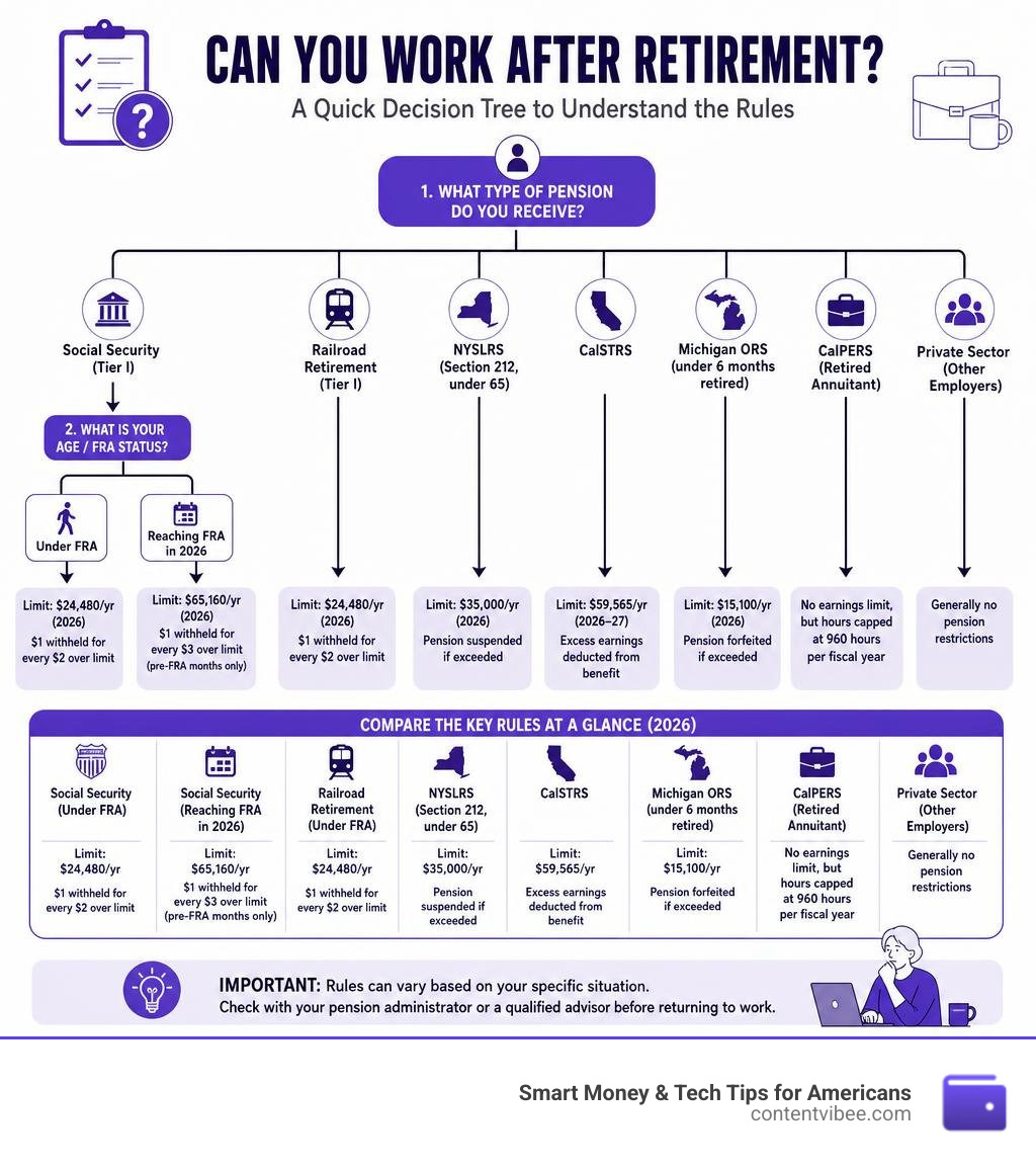 Decision tree infographic for working after retirement: pension type, age, employer type, earnings limit infographic Decision tree infographic for working after retirement: pension type, age, employer type, earnings limit infographic