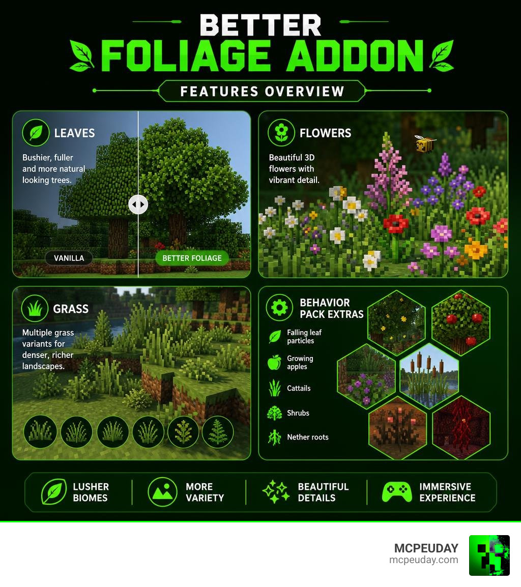 Better Foliage Addon features overview infographic: leaves, flowers, grass, behavior pack extras infographic