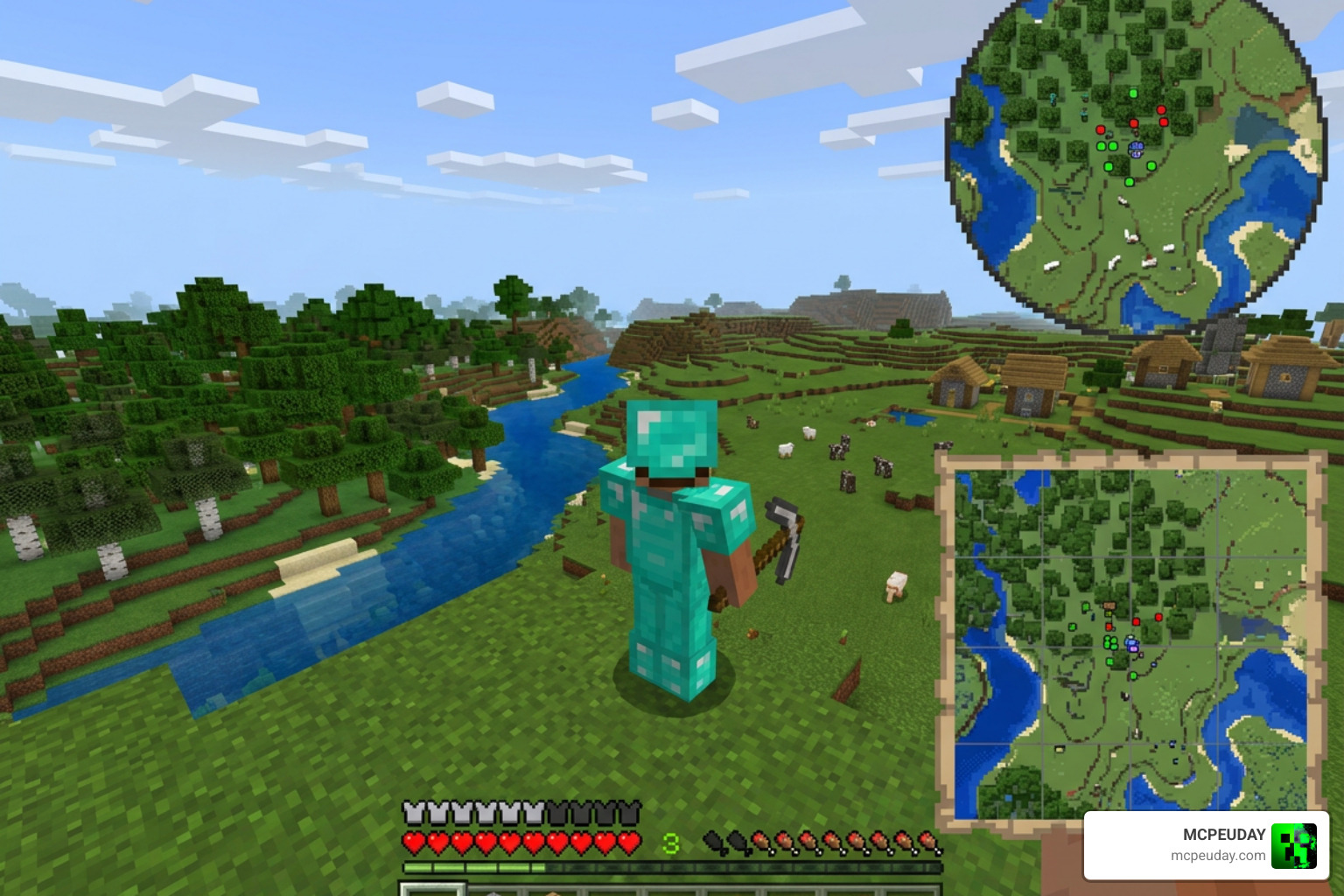 Circular and rectangular minimap views showing real-time terrain rendering and entity radar in Bedrock Edition