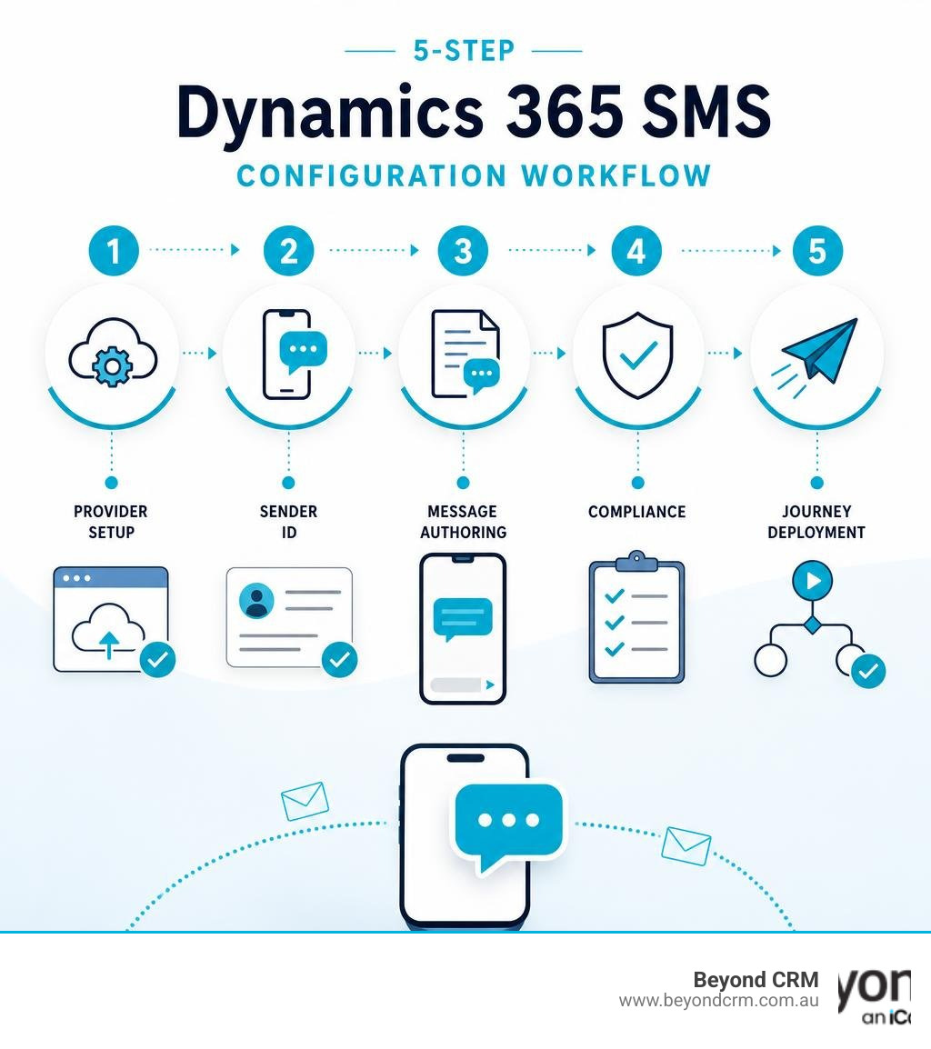 5-step Dynamics 365 SMS configuration workflow: provider setup, sender ID, message authoring, compliance, journey deployment