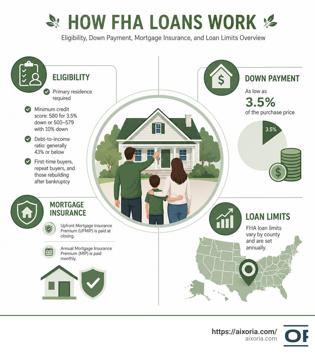 How FHA loans work: eligibility, down payment, mortgage insurance, and loan limits overview infographic How FHA loans work: eligibility, down payment, mortgage insurance, and loan limits overview infographic