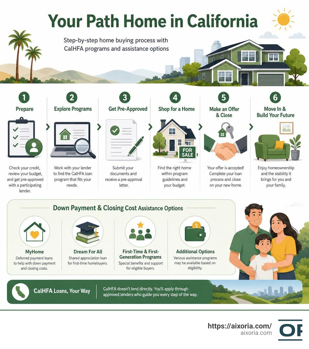 Step-by-step California home buying process with CalHFA programs and assistance options infographic Step-by-step California home buying process with CalHFA programs and assistance options infographic