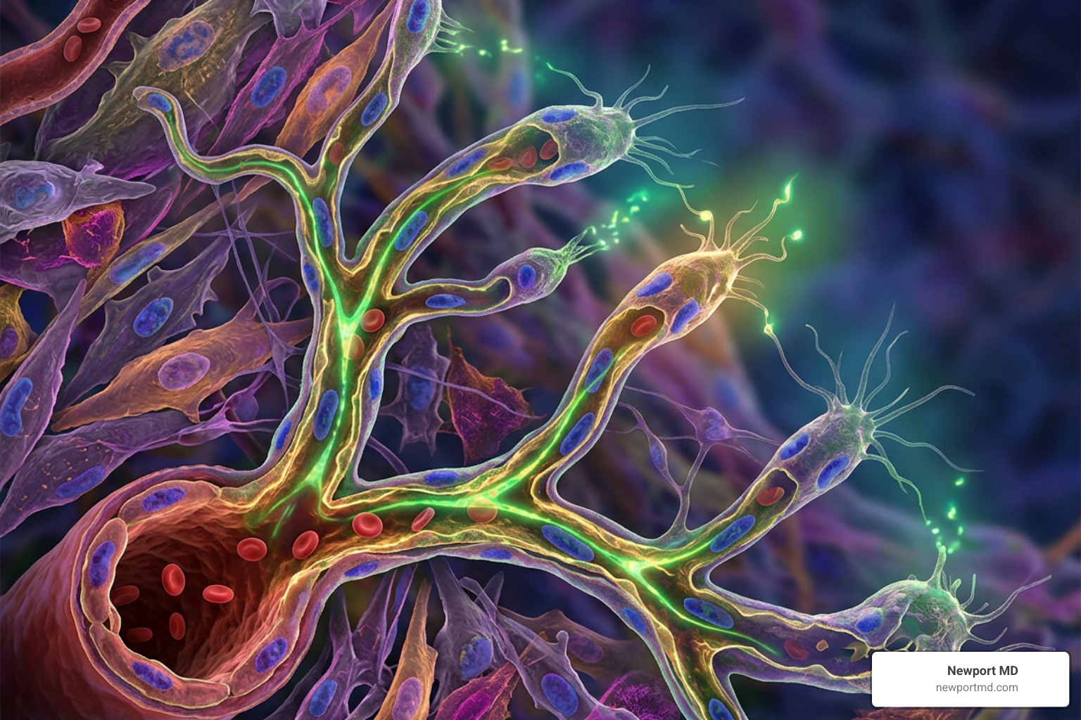 Cellular healing pathways showing angiogenesis and growth factor modulation