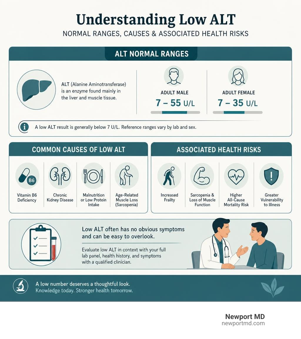 Infographic showing ALT normal ranges, low ALT causes, and associated health risks by category infographic