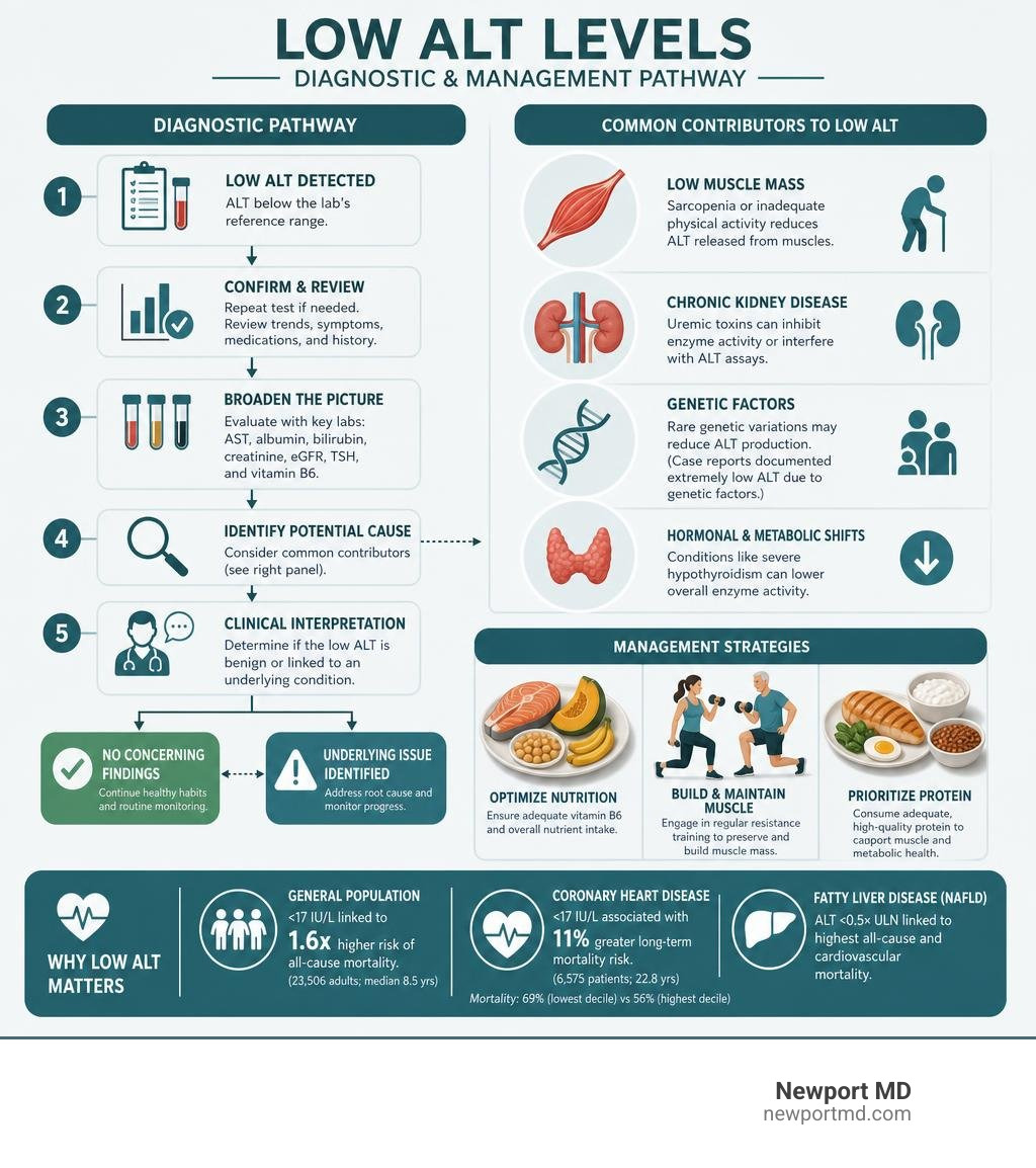 Infographic detailing step-by-step diagnostic and management pathway for low ALT levels infographic