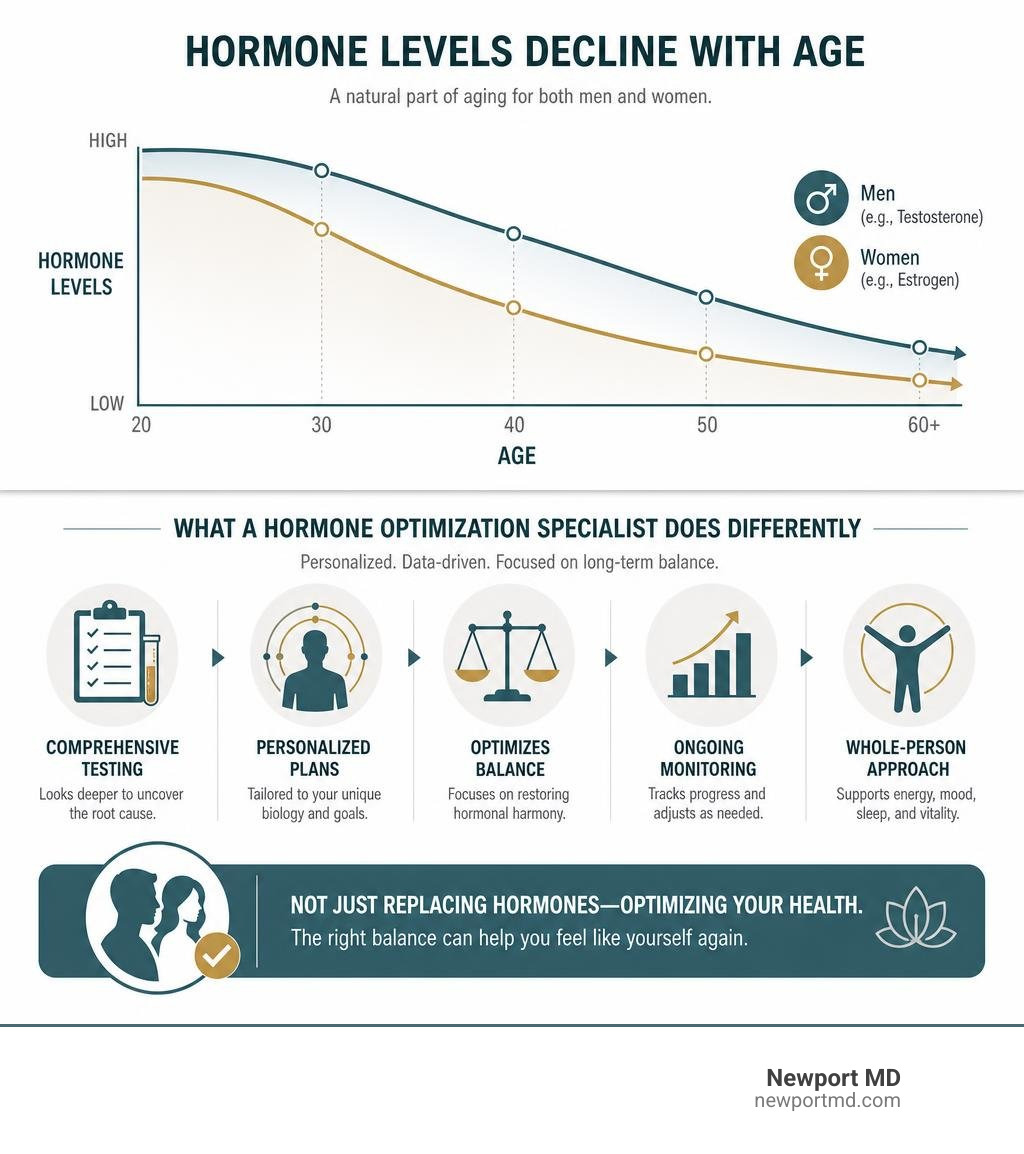 infographic showing how hormone levels decline with age and what a specialist does differently infographic