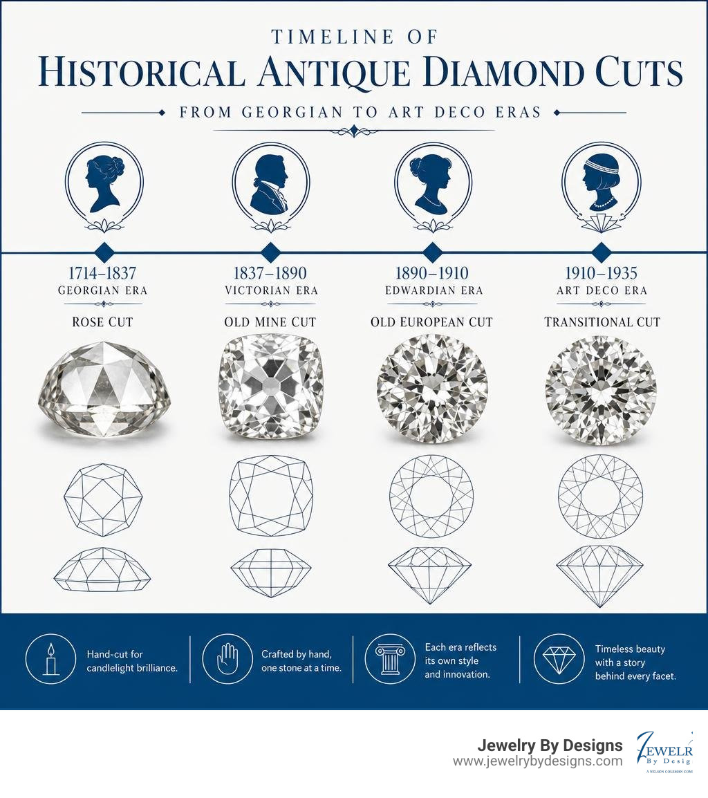 Timeline of historical antique diamond cuts from Georgian to Art Deco eras infographic