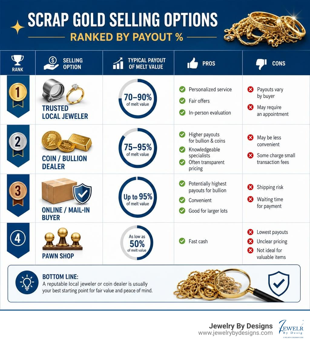 Infographic showing scrap gold selling options ranked by payout percentage and key pros and cons infographic