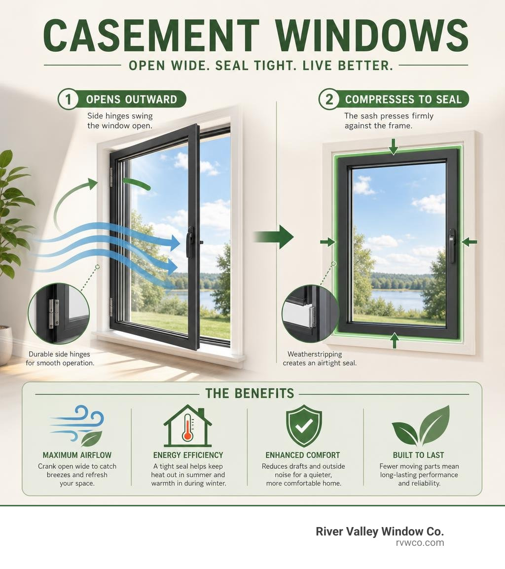 Infographic showing how casement windows open outward on side hinges and compress to seal, with airflow and energy Infographic showing how casement windows open outward on side hinges and compress to seal, with airflow and energy