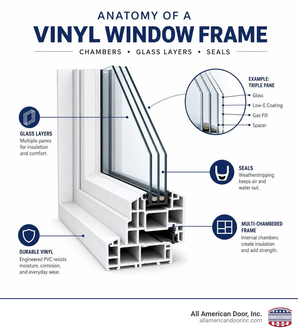 Anatomy of a vinyl window frame showing chambers, glass layers, and seals infographic Anatomy of a vinyl window frame showing chambers, glass layers, and seals infographic