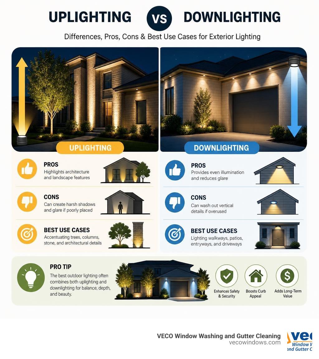 Infographic: uplighting vs downlighting differences, pros, cons, and best use cases for exterior lighting infographic Infographic: uplighting vs downlighting differences, pros, cons, and best use cases for exterior lighting infographic