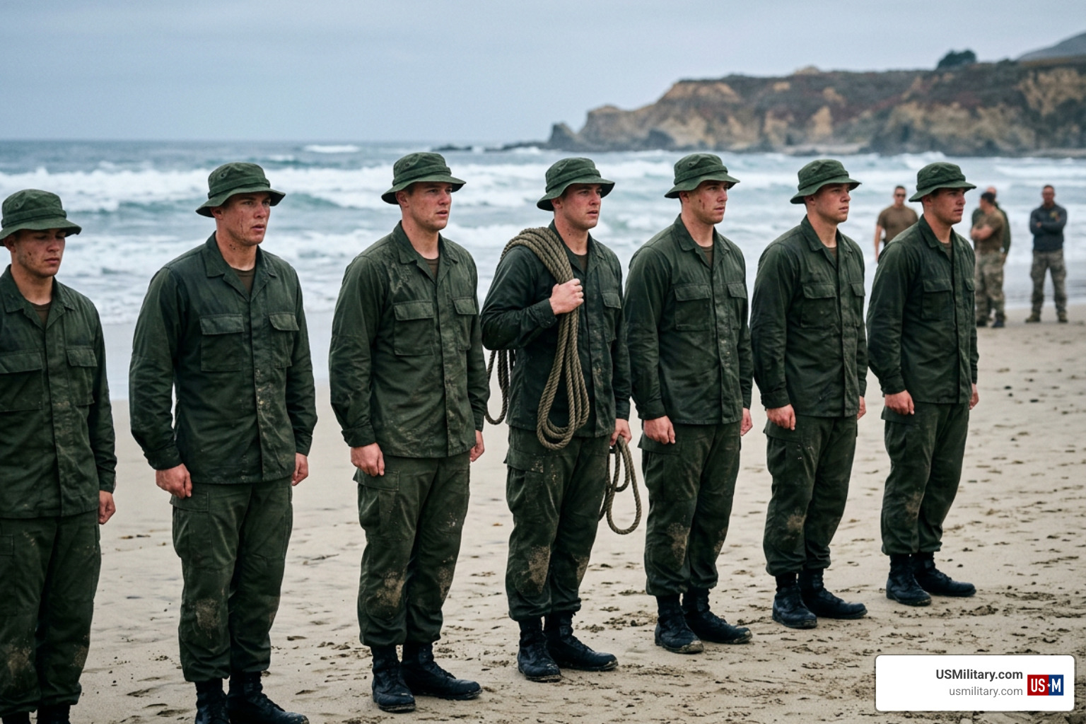 Navy SEAL candidates lined up on the beach Navy SEAL candidates lined up on the beach