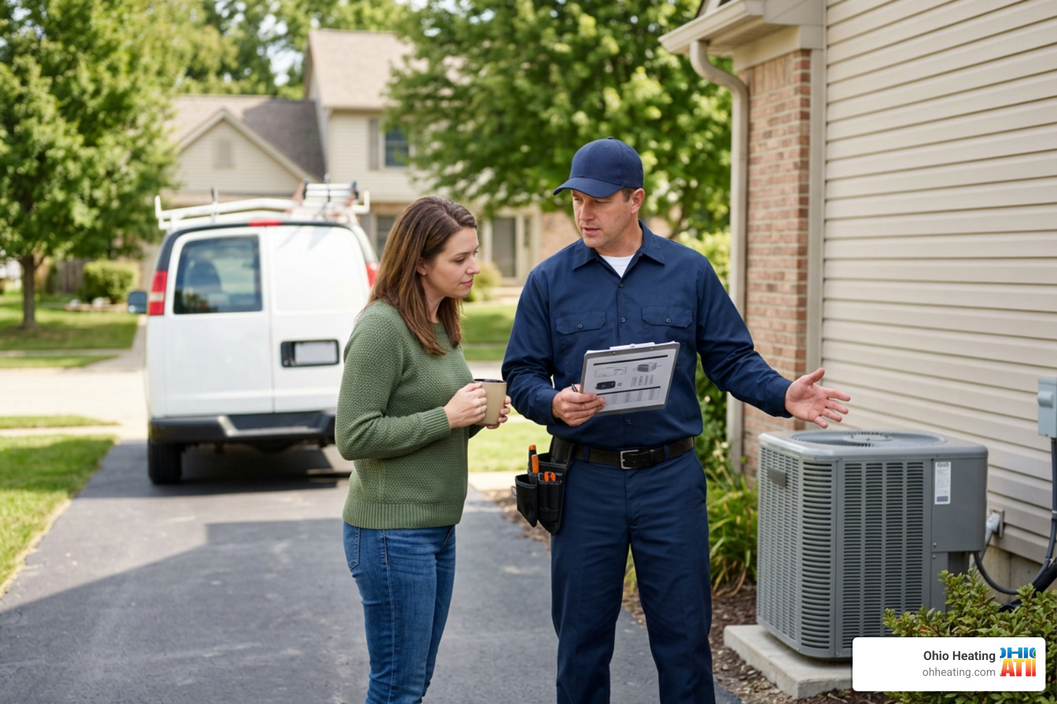 An Ohio Heating technician explaining energy-efficient AC replacement options to a homeowner