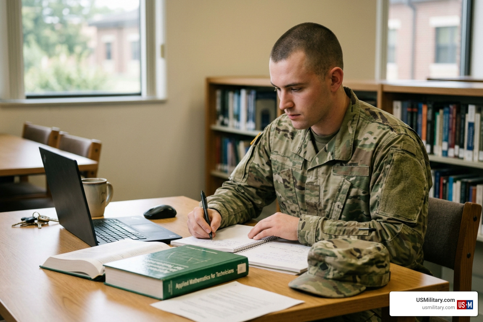 U.S. soldier studying coursework