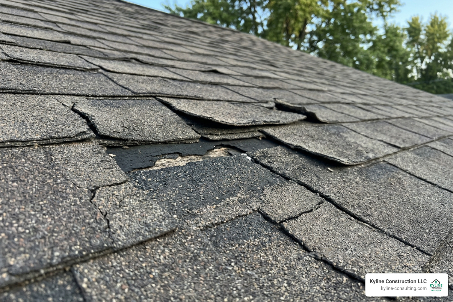 Damaged asphalt shingles on a home in Columbus, Ohio Damaged asphalt shingles on a home in Columbus, Ohio