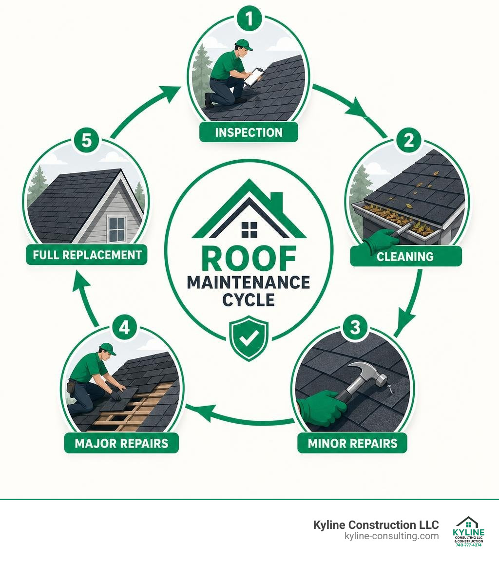 Roof maintenance cycle infographic: inspection, cleaning, minor repairs, major repairs, full replacement infographic Roof maintenance cycle infographic: inspection, cleaning, minor repairs, major repairs, full replacement infographic