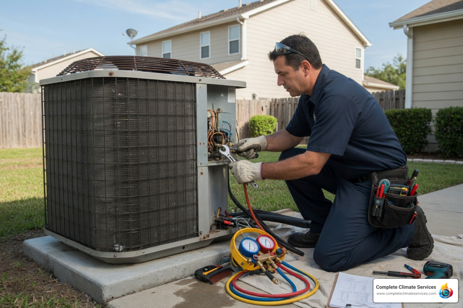 An HVAC technician discussing repair vs replacement options with a homeowner in Baltimore