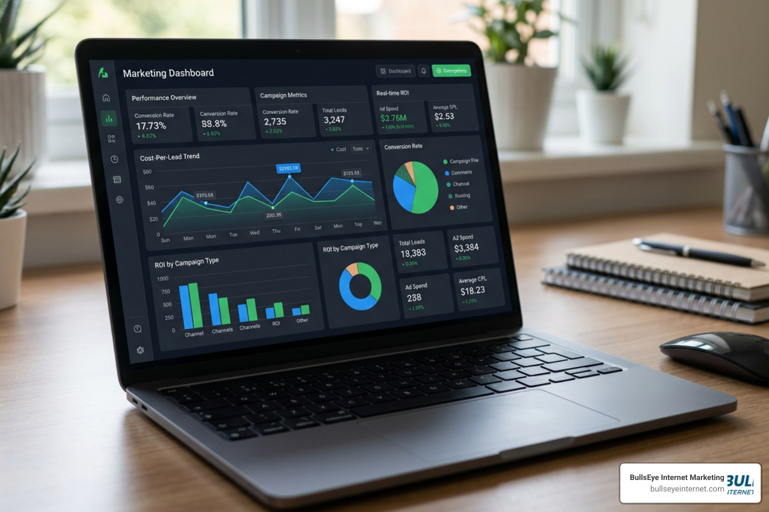 Digital dashboard tracking cost-per-lead and real-time ROI for a local service campaign Laptop displaying BullsEye Internet Marketing campaign dashboard with real-time ROI and lead metrics.