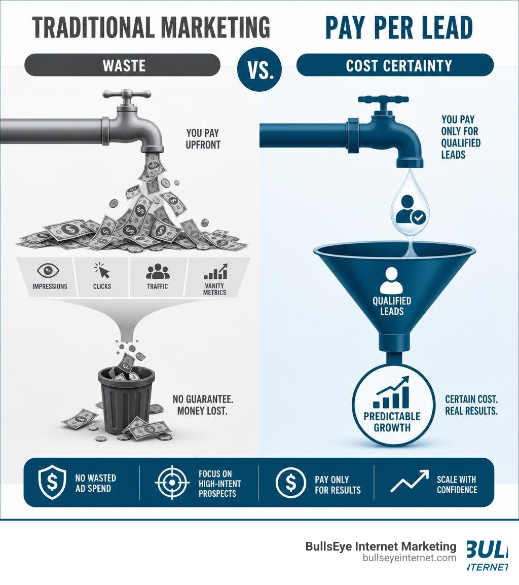 Chart comparing traditional marketing waste versus pay per lead cost certainty infographic Traditional marketing versus pay-per-lead: wasted ad spend vs. cost certainty and qualified leads, BullsEye Internet