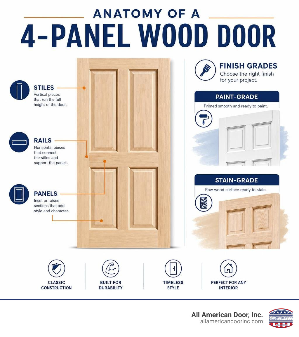 Infographic showing anatomy of a 4-panel wood door including stiles, rails, panels, and finish grades infographic Infographic showing anatomy of a 4-panel wood door including stiles, rails, panels, and finish grades infographic
