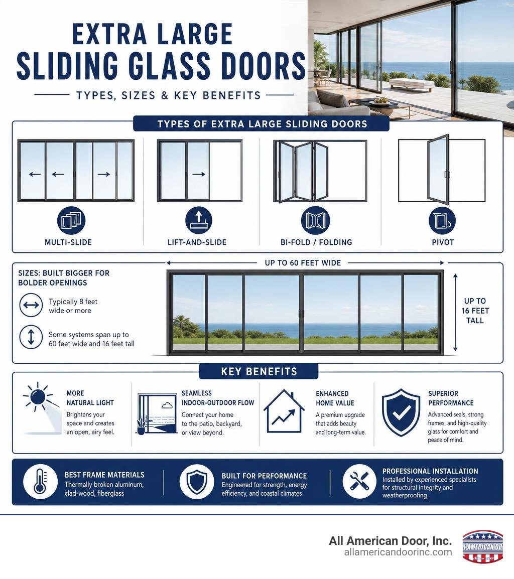 Infographic showing types, sizes, and key benefits of extra large sliding glass doors infographic Infographic showing types, sizes, and key benefits of extra large sliding glass doors infographic