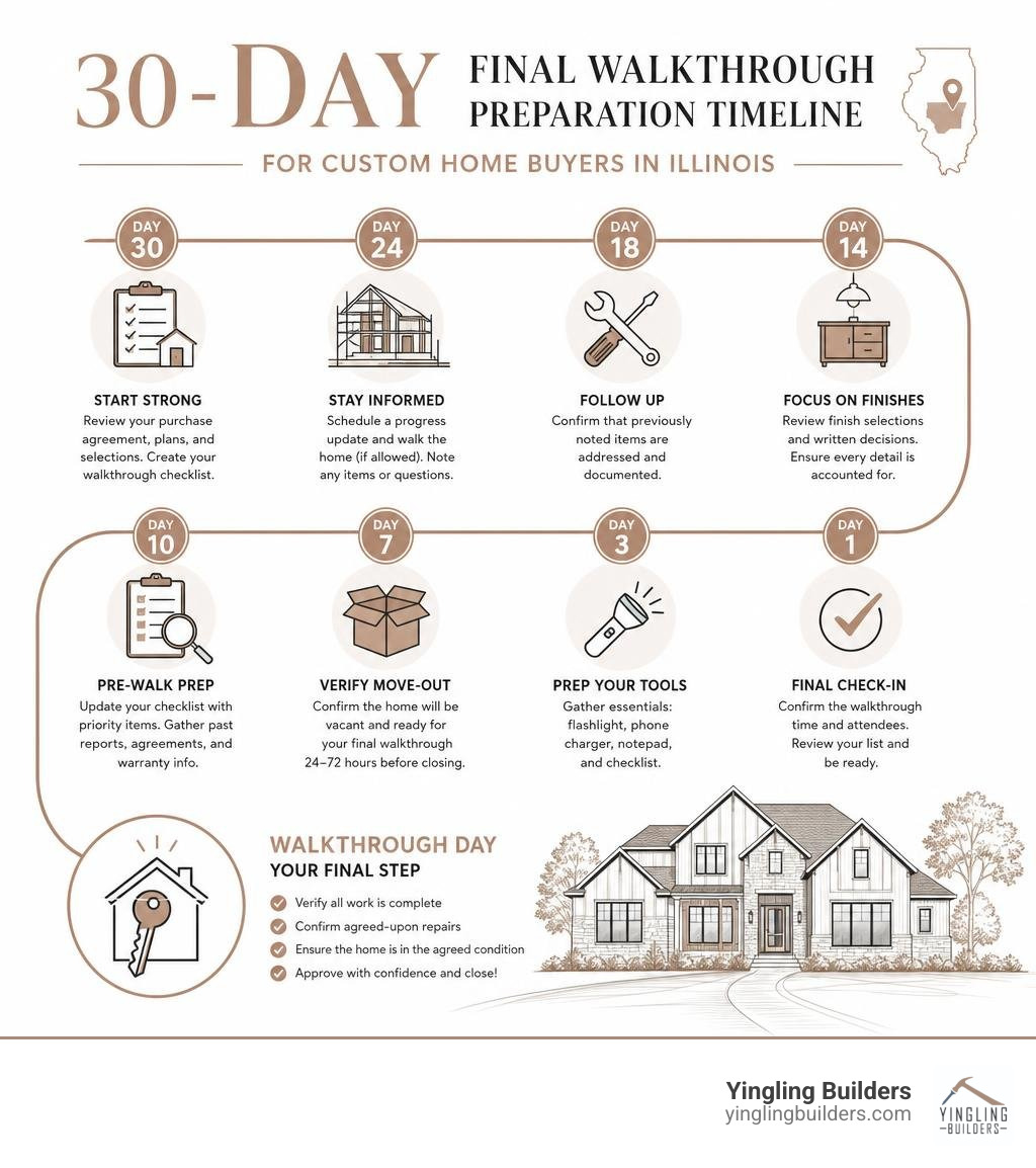 30-day final walkthrough preparation timeline infographic for custom home buyers in Illinois infographic