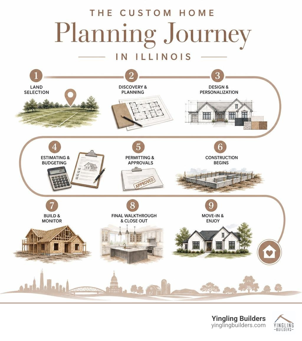 infographic showing the custom home planning journey stages from land selection to move-in in Illinois infographic