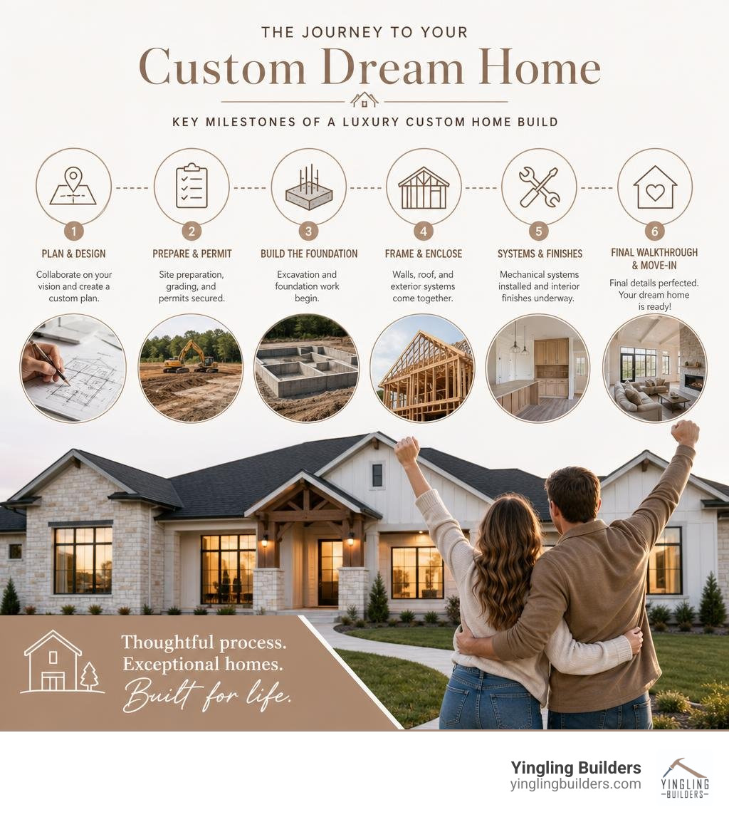 infographic displaying the key milestones of a luxury custom home build with a happy man and woman celebrating infographic