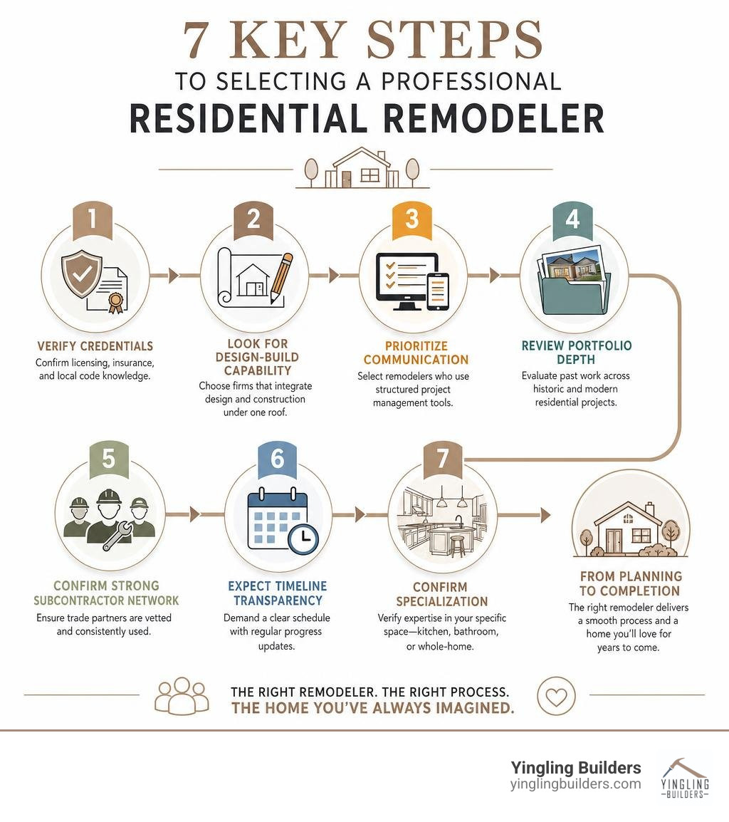 Infographic showing 7 key steps to selecting a professional residential remodeler from credentials to completion infographic Infographic showing 7 key steps to selecting a professional residential remodeler from credentials to completion infographic