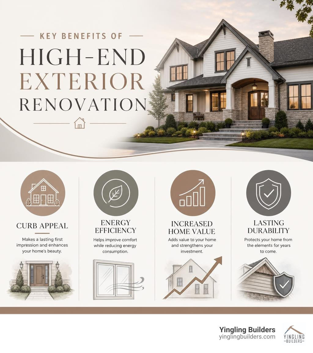 Key benefits of high-end exterior renovation including curb appeal, energy efficiency, home value, and durability infographic Key benefits of high-end exterior renovation including curb appeal, energy efficiency, home value, and durability infographic