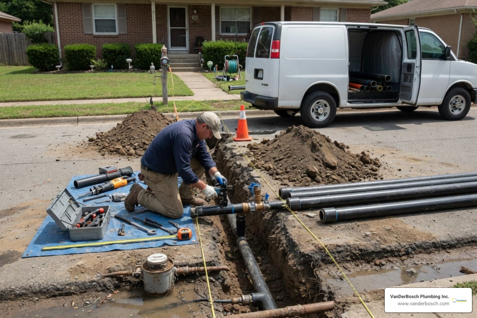 A professional plumber using trenchless pipe bursting equipment to replace a water line without digging a full trench A professional plumber using trenchless pipe bursting equipment to replace a water line without digging a full trench
