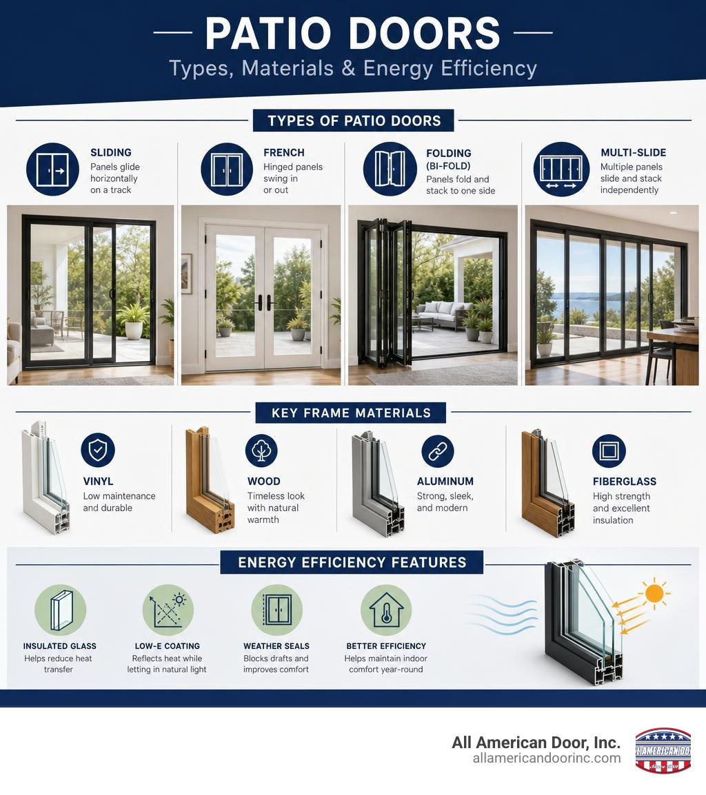 Infographic showing patio door types, key materials, and energy efficiency features infographic Infographic showing patio door types, key materials, and energy efficiency features infographic