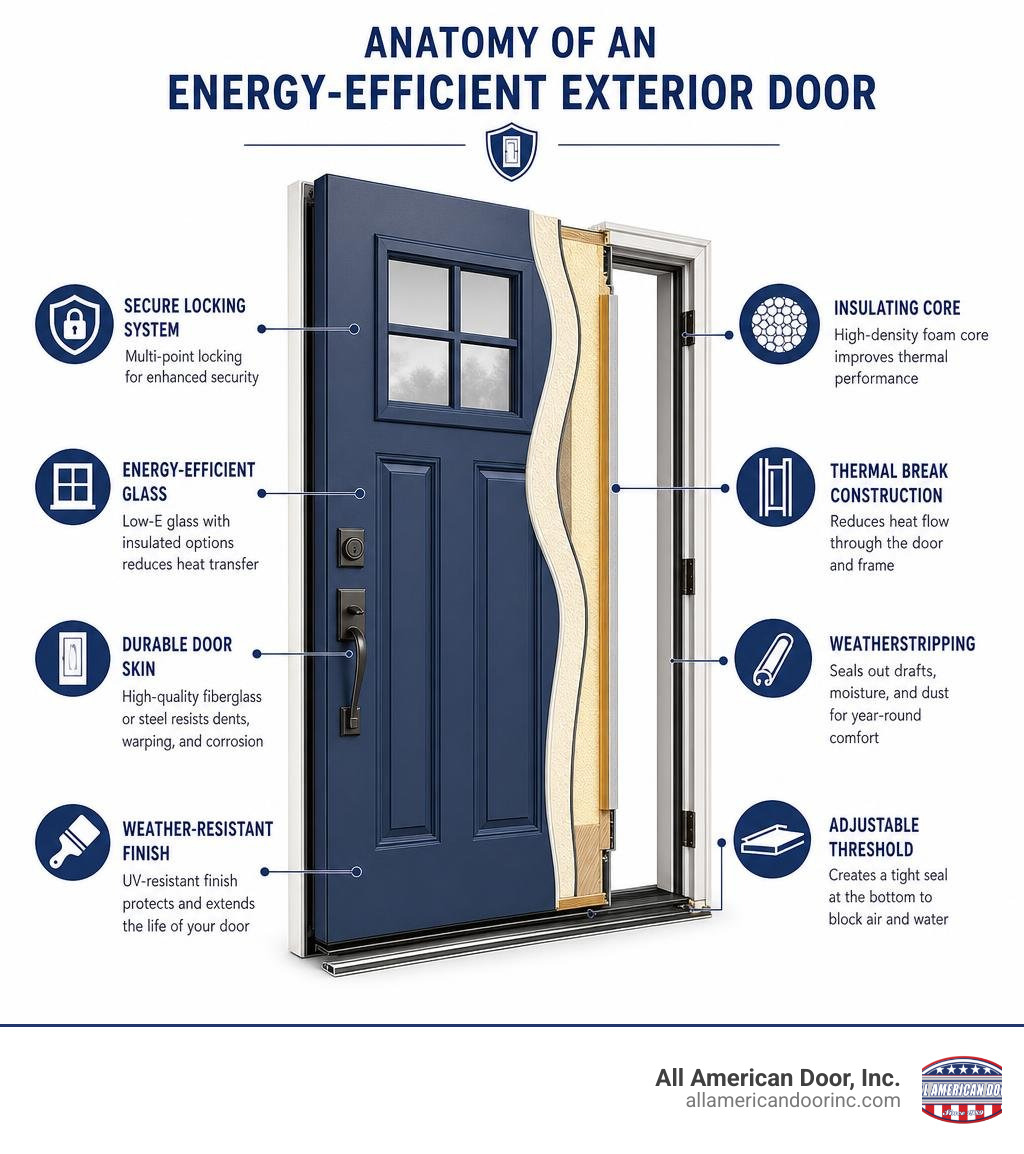 Infographic showing anatomy of an energy-efficient exterior door with labeled components infographic Infographic showing anatomy of an energy-efficient exterior door with labeled components infographic