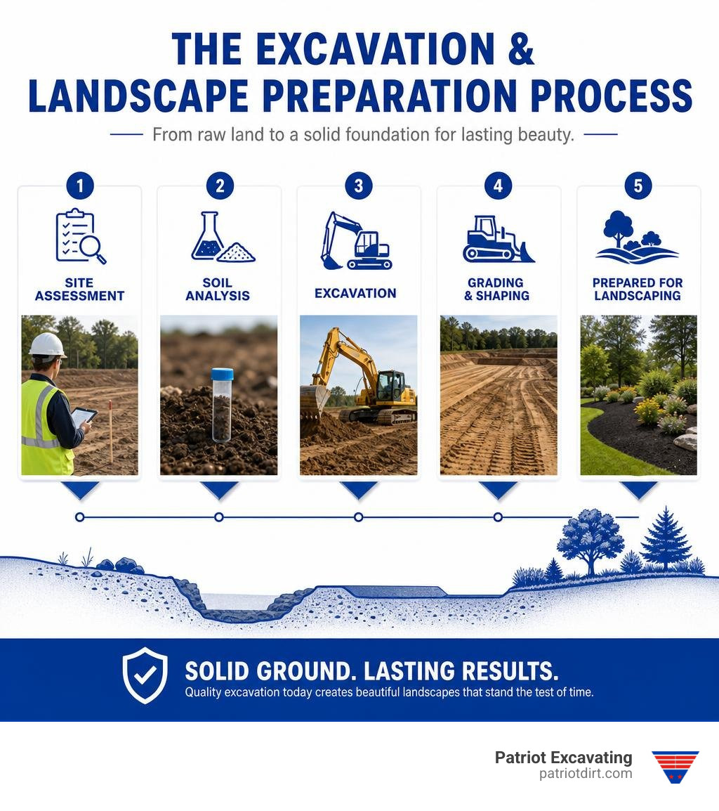 Infographic showing the excavation and landscape preparation process with unique steps for site assessment, soil analysis Infographic showing the excavation and landscape preparation process with unique steps for site assessment, soil analysis