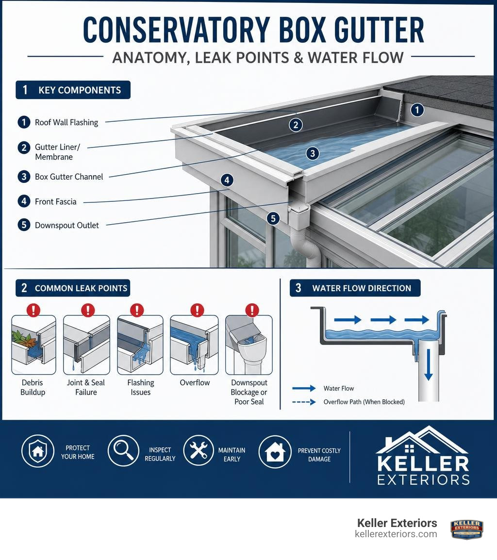 Conservatory box gutter anatomy infographic showing components, common leak points, water flow direction, and Keller