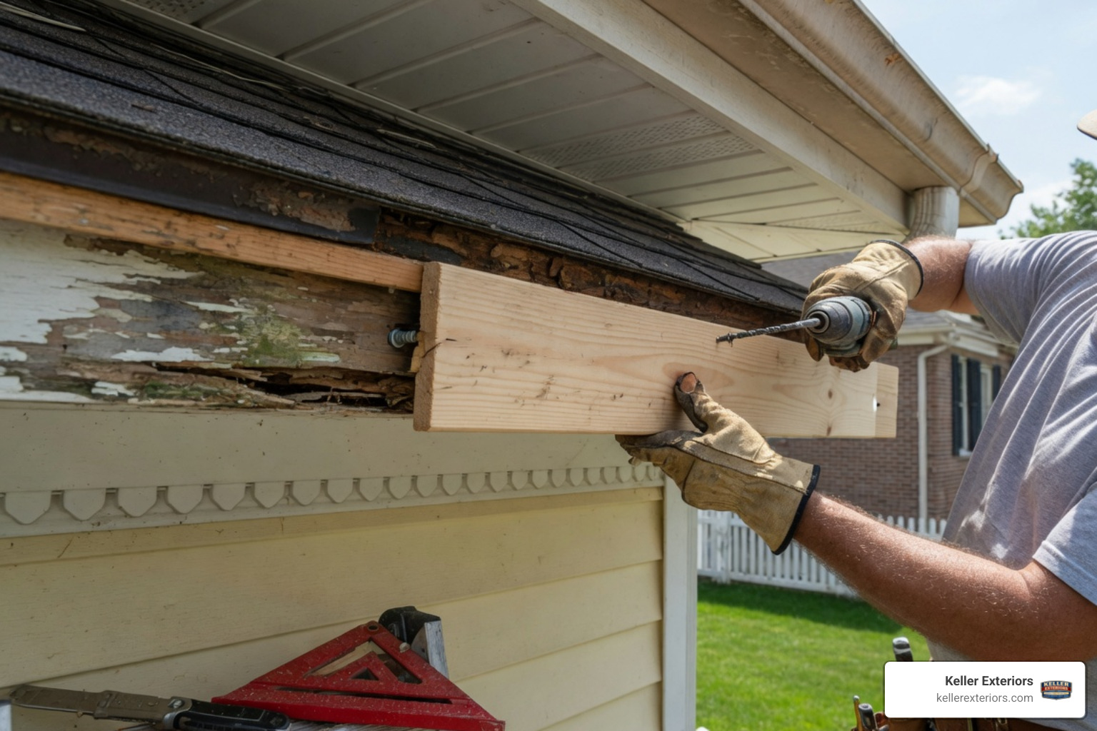 contractor replacing a rotted fascia board