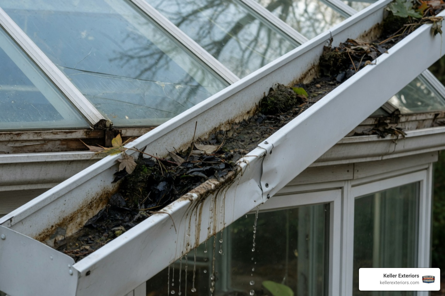 A close-up view of a narrow, debris-filled box gutter channel on a conservatory roof