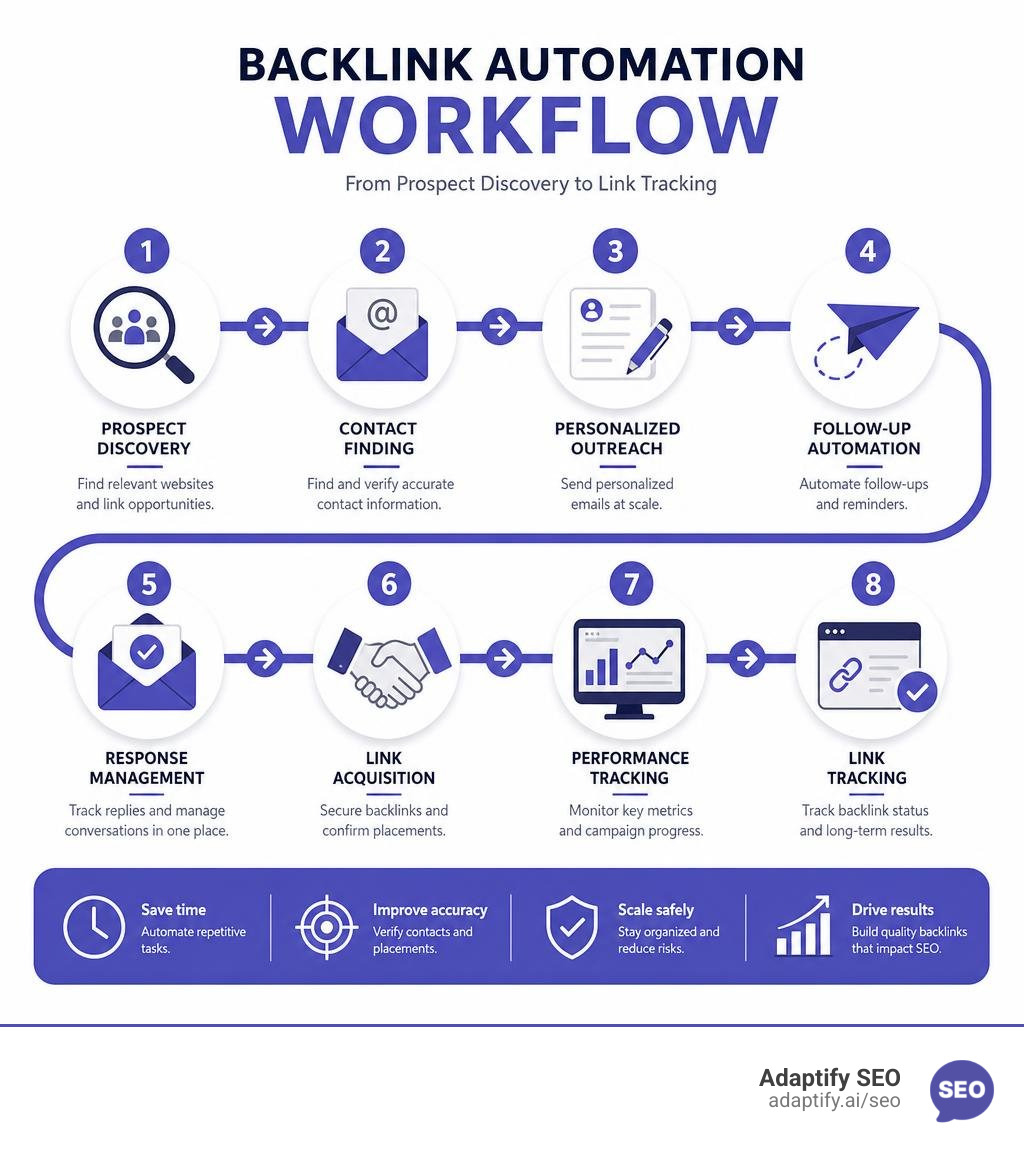Backlink automation workflow infographic showing steps from prospect discovery to link tracking infographic