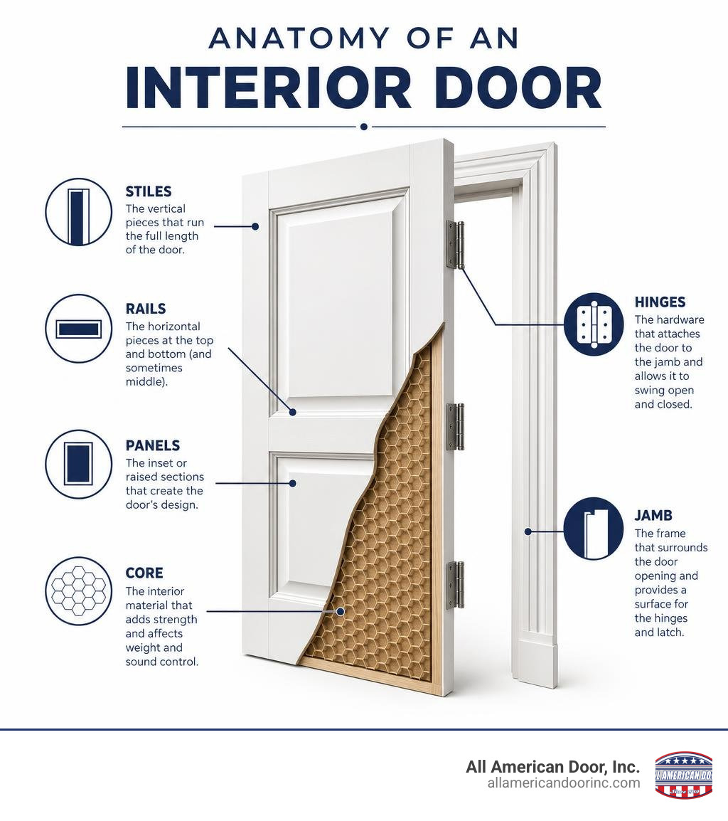 Anatomy of an interior door infographic showing stiles, rails, panels, core, hinges, and jamb infographic Anatomy of an interior door infographic showing stiles, rails, panels, core, hinges, and jamb infographic