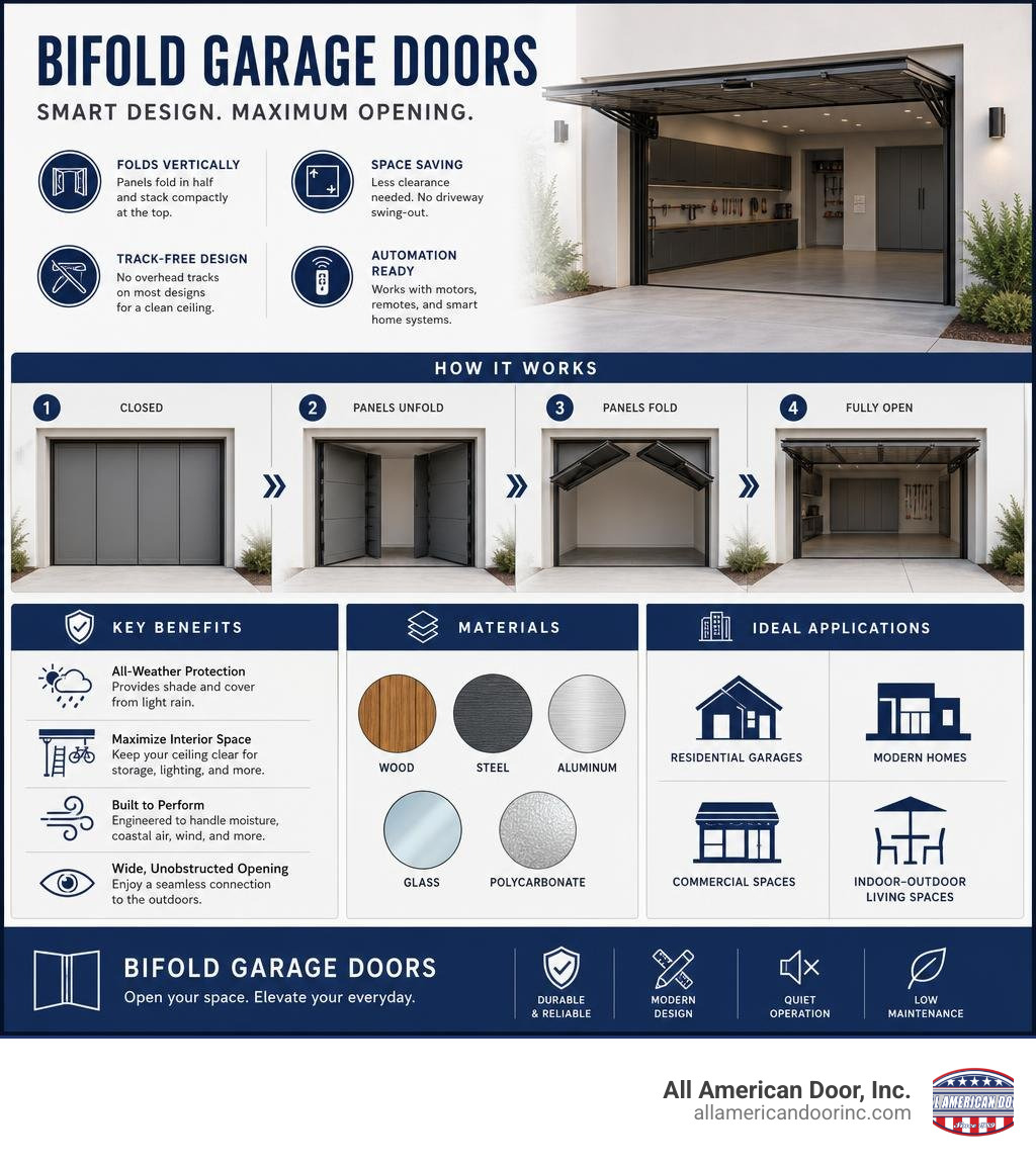 Infographic showing how bifold garage door panels fold vertically, key benefits, materials, and applications infographic Infographic showing how bifold garage door panels fold vertically, key benefits, materials, and applications infographic