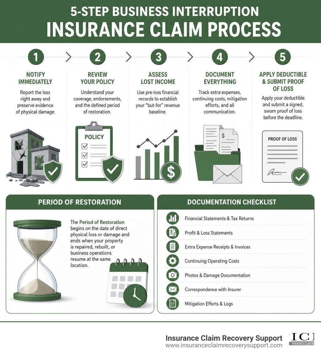 5-step business interruption insurance claim process infographic with period of restoration and documentation checklist 5-step business interruption insurance claim process infographic with period of restoration and documentation checklist