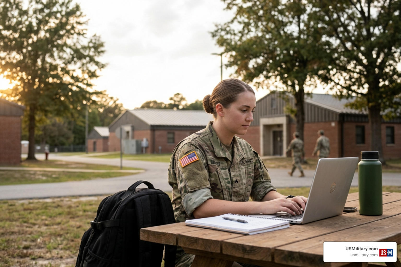 Army Reserve soldier studying on laptop in uniform Army Reserve soldier studying on laptop in uniform