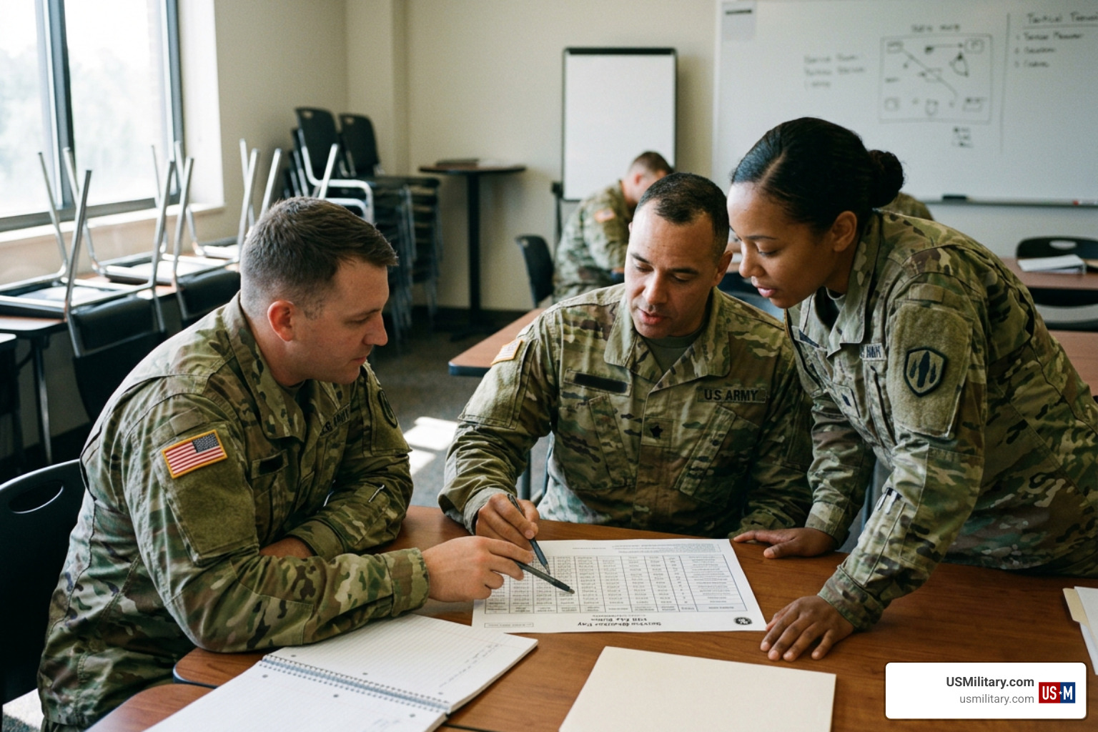 US military members reviewing a pay chart during a drill weekend US military members reviewing a pay chart during a drill weekend
