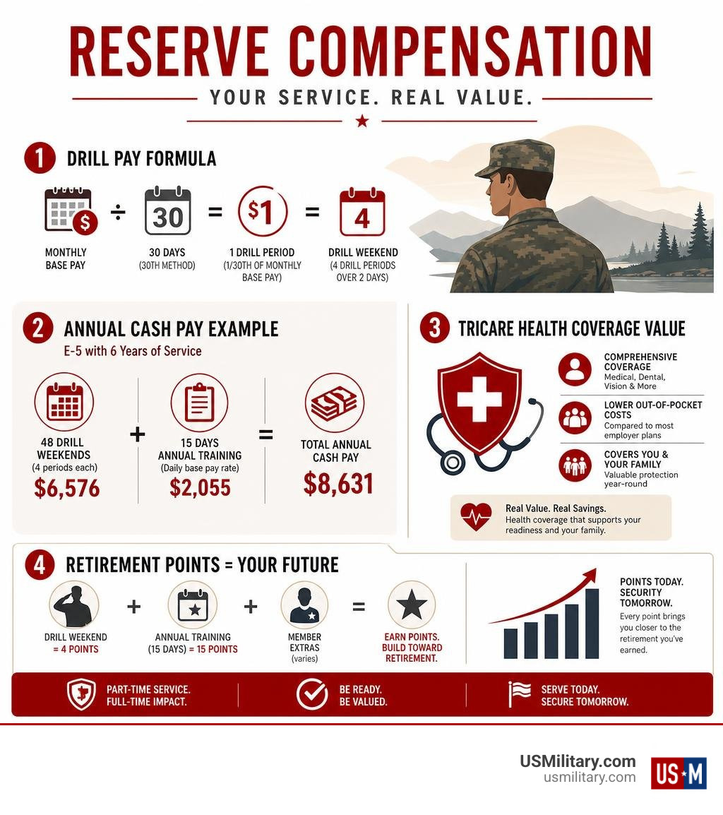Infographic showing reserve compensation structure: drill pay formula, annual totals, TRICARE value, and retirement points Infographic showing reserve compensation structure: drill pay formula, annual totals, TRICARE value, and retirement points