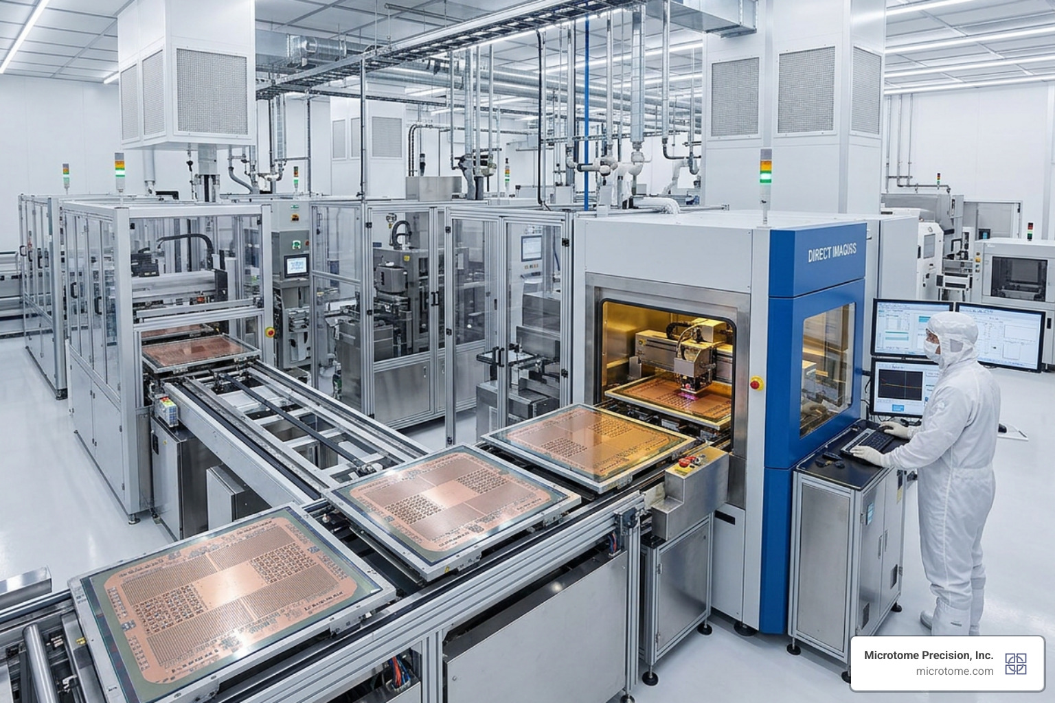 Panel-level packaging line showing high-throughput direct imaging equipment