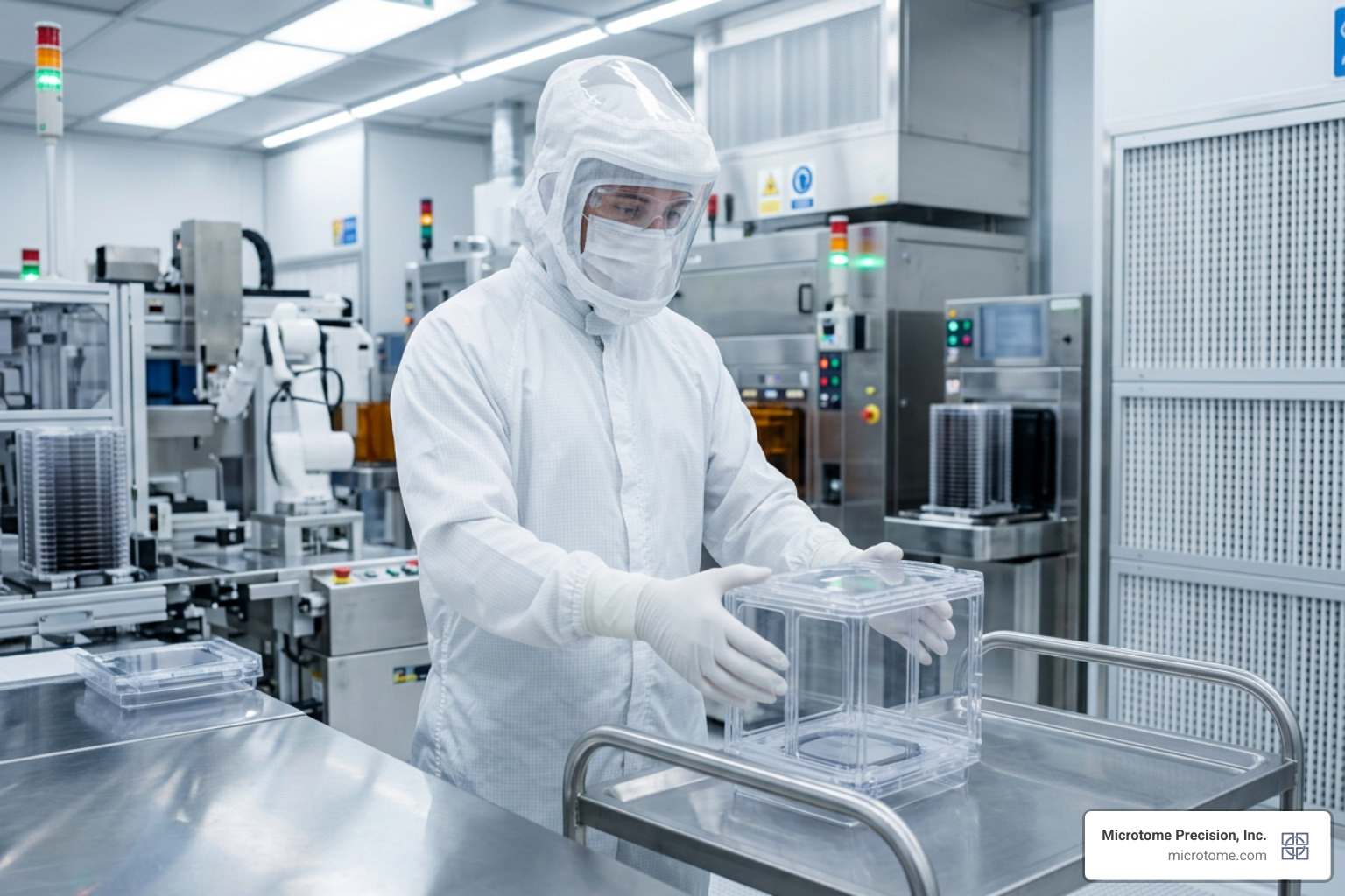 Semiconductor reticle carrier being handled in a cleanroom environment Semiconductor reticle carrier being handled in a cleanroom environment