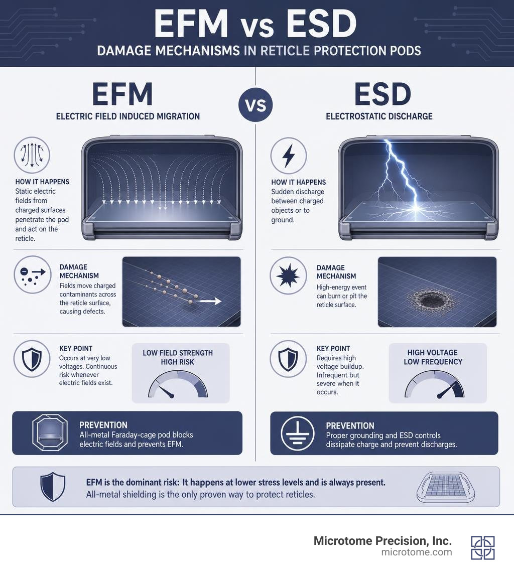 Infographic comparing EFM vs ESD damage mechanisms in reticle protection pods infographic Infographic comparing EFM vs ESD damage mechanisms in reticle protection pods infographic