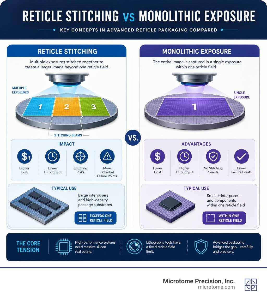Reticle stitching vs monolithic exposure: key concepts in advanced reticle packaging compared infographic