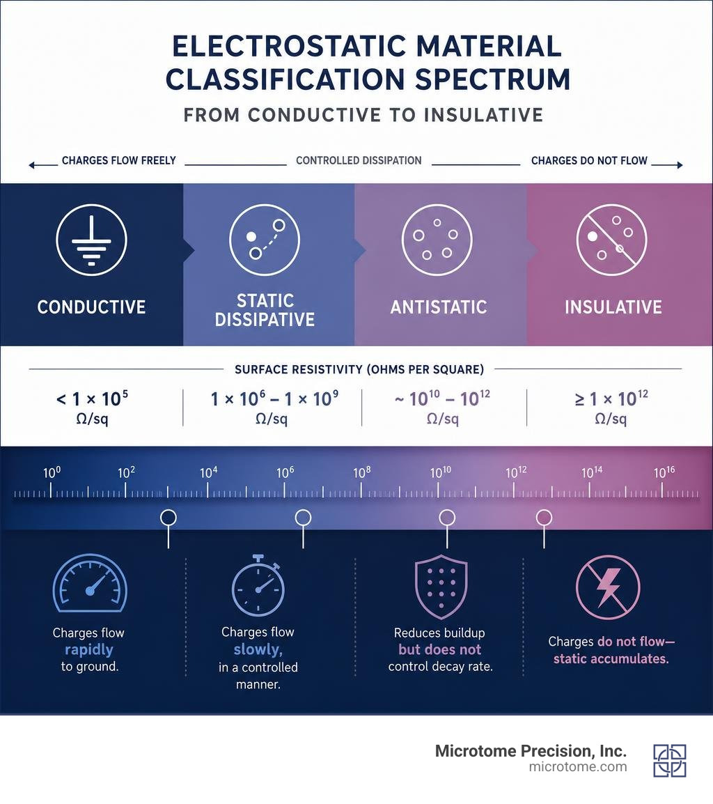 Electrostatic material classification spectrum from conductive to insulative with resistivity ranges infographic Electrostatic material classification spectrum from conductive to insulative with resistivity ranges infographic